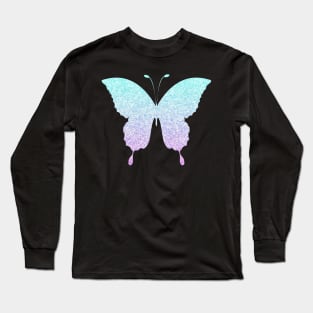 Pastel Blue and Purple Ombre Faux Glitter Butterfly Long Sleeve T-Shirt